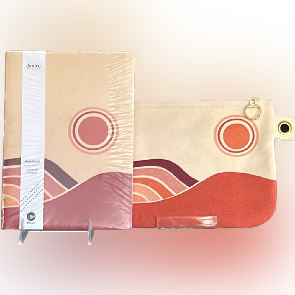 “Solstice” gift bundle: large cotton cosmetic bag & sketchbook w/sun horizon-NWT